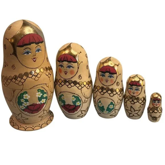 Vintage Russian Matryoshka Nesting Dolls 5 Pc Hand Painted Signed 6.5" - Picture 4 of 5